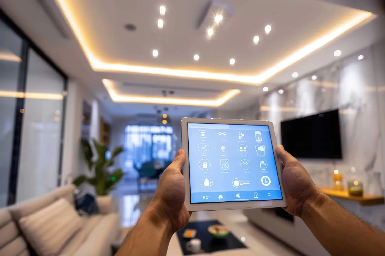 Tablet smart-home control panel in a cove-lit modern living room