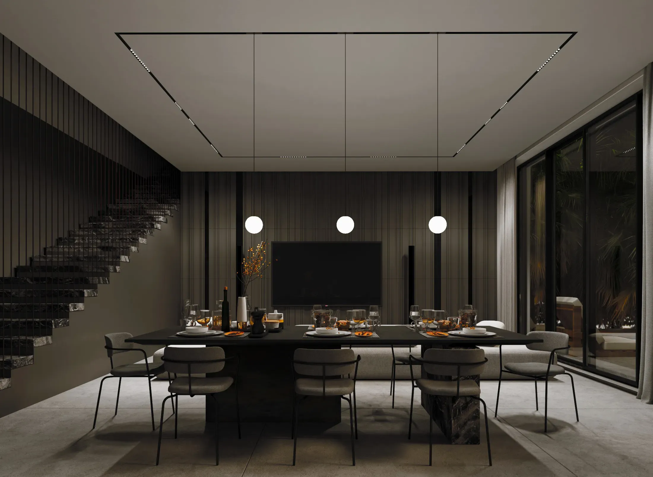 Multi-tier ring chandelier in a contemporary double-height living space
